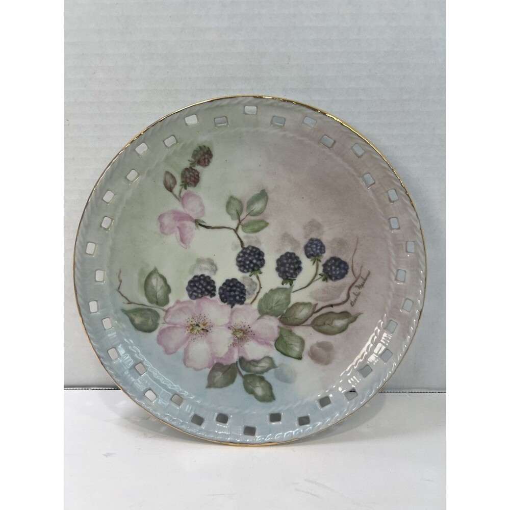 Hand painted Blackberry Porcelain Plate Wild Roses Victorian style 8” signed